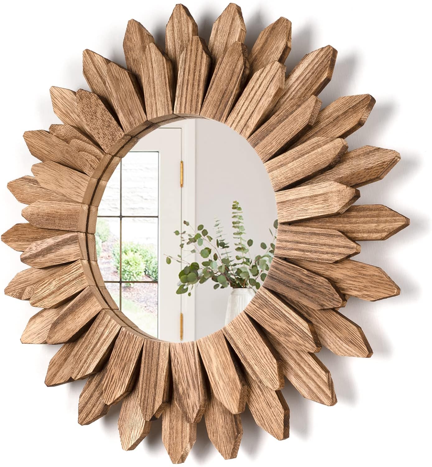 12 Inch Rustic Wood Sunburst Wall Mirror, Round Accent