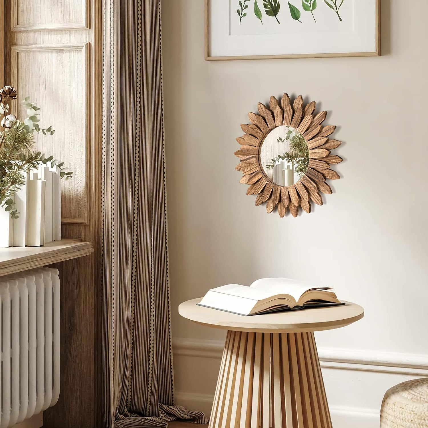 12 Inch Rustic Wood Sunburst Wall Mirror, Round Accent