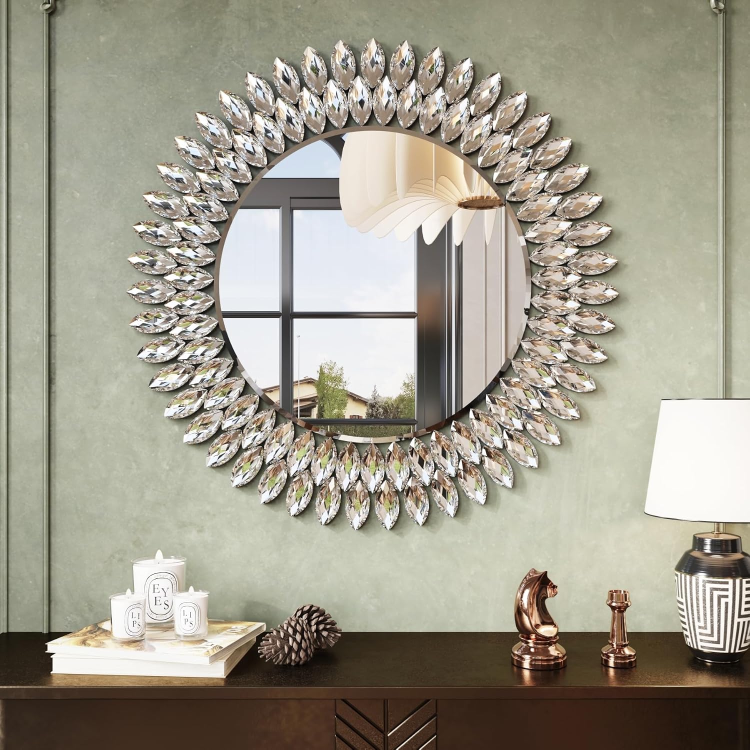 26 Inch Jewelled Round Wall Mirror with Diamond Bevelled Edge