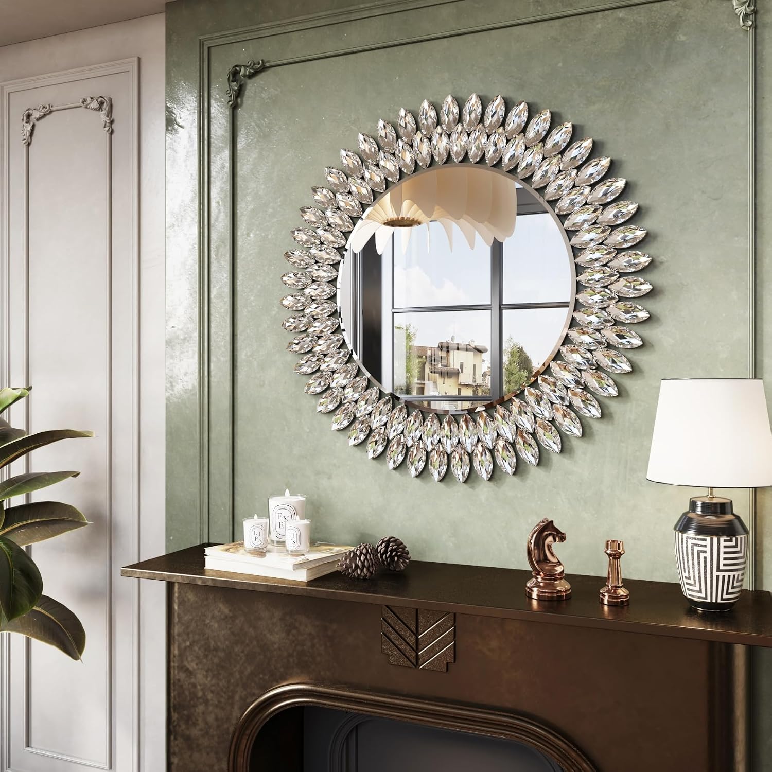 26 Inch Jewelled Round Wall Mirror with Diamond Bevelled Edge