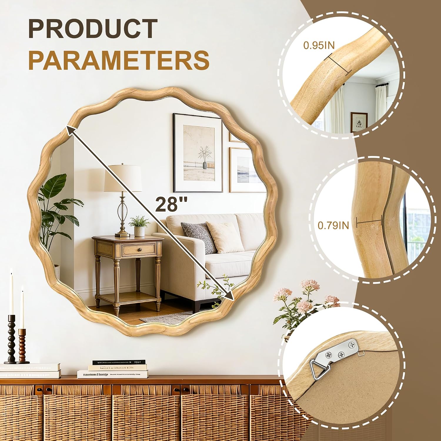 28 Inch Round Wavy Scalloped Wall Mirror with Wooden Frame