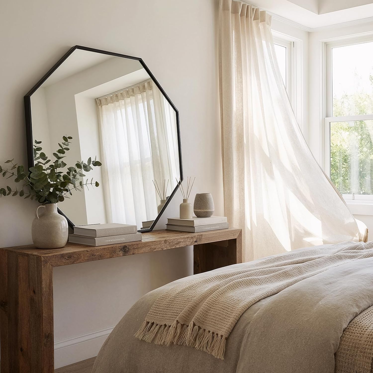 31 Inch Octagon Wall Mirror, Peel and Stick Frameless
