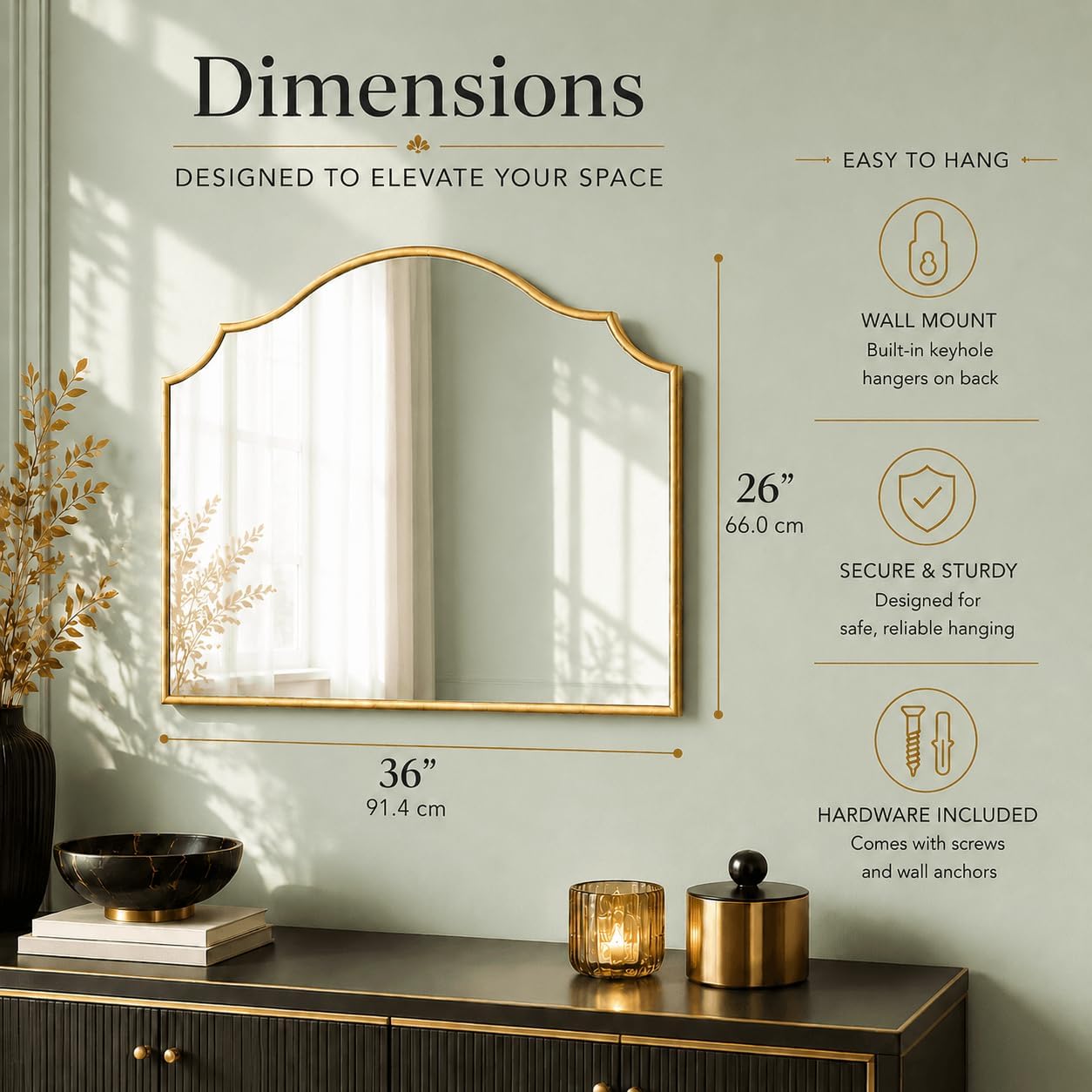 Large Arched Gold Wall Mirror 36 x 26 Inch, Scalloped Edge