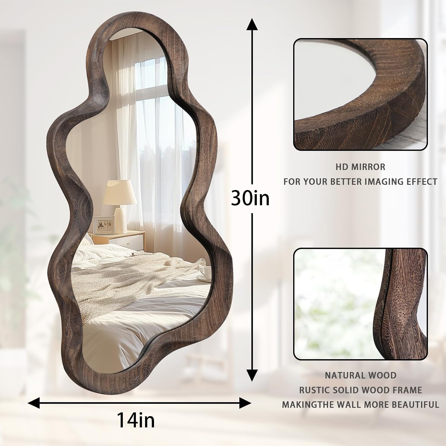 Large Cloud Wavy Wall Mirror with Wood Frame, Irregular Shape