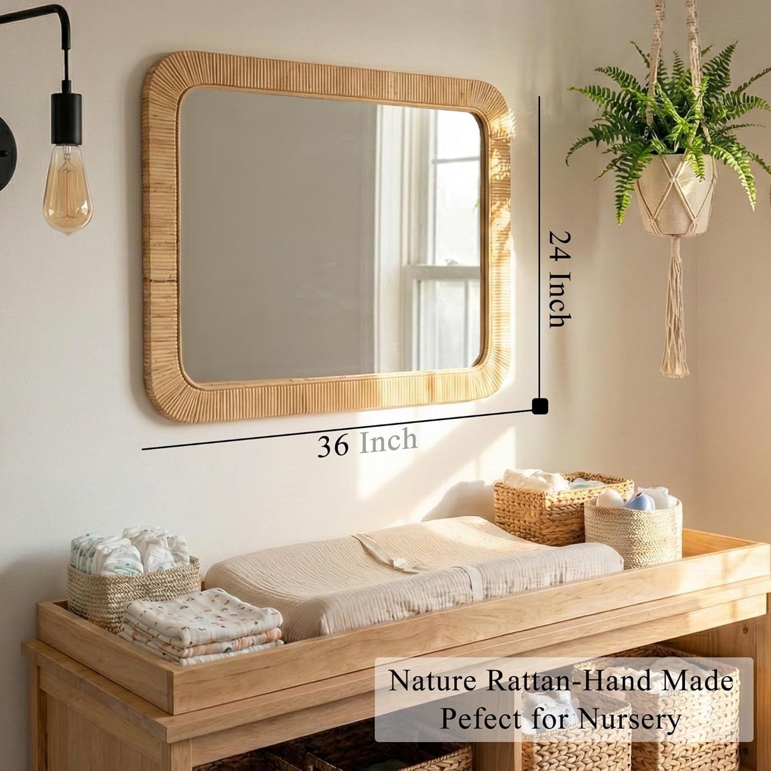 Rattan Rectangular Wall Mirror 24 x 36 Inch, Woven Boho Frame