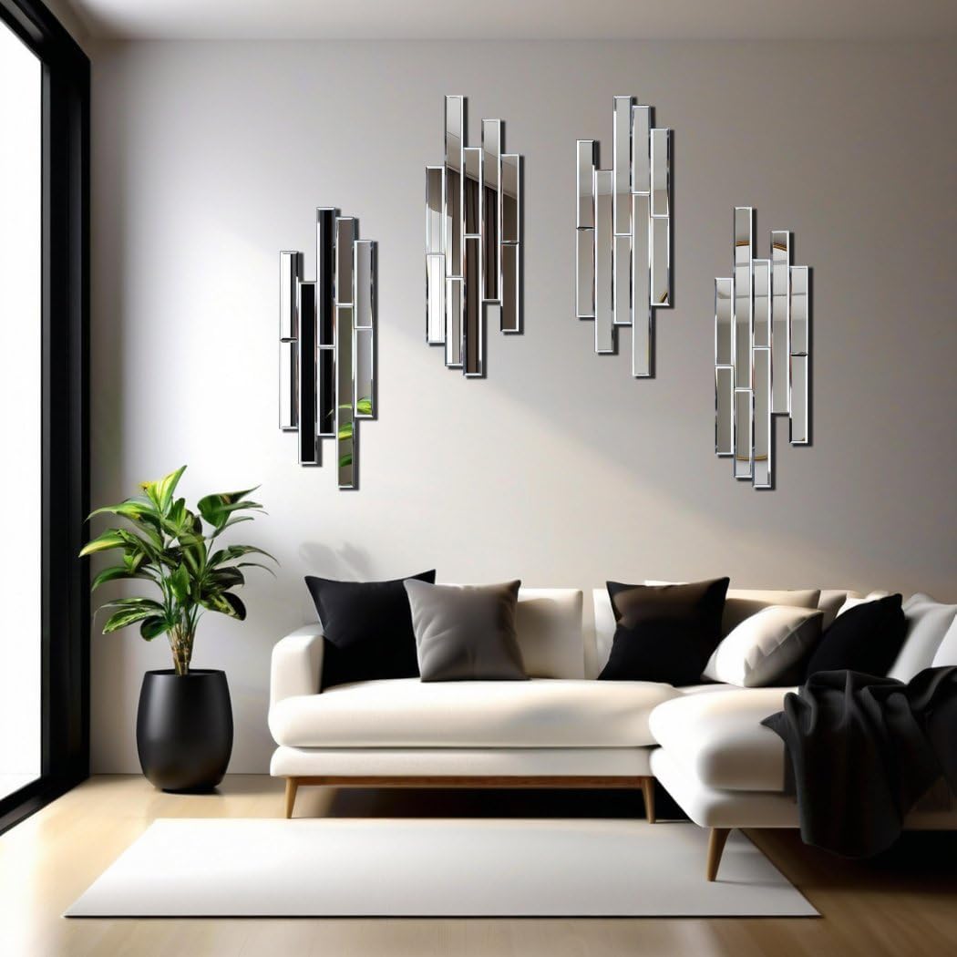 Set of 4 Silver Bevelled Wall Mirrors, 24 x 8 Inch Each
